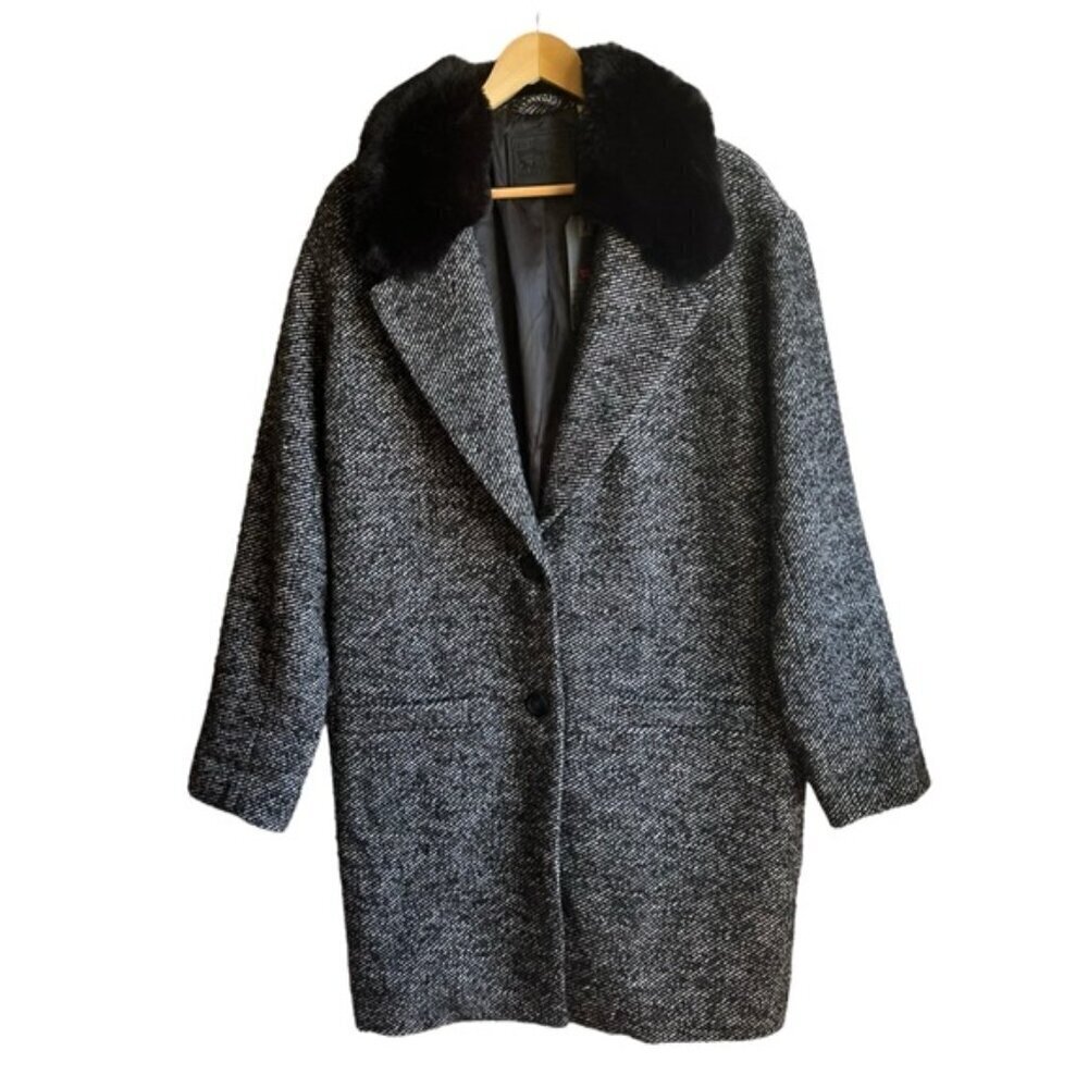NWT Levi’s Mari Coat XL Chunky Twill Salt And Pepper Black Faux Fur - Picture 2 of 15